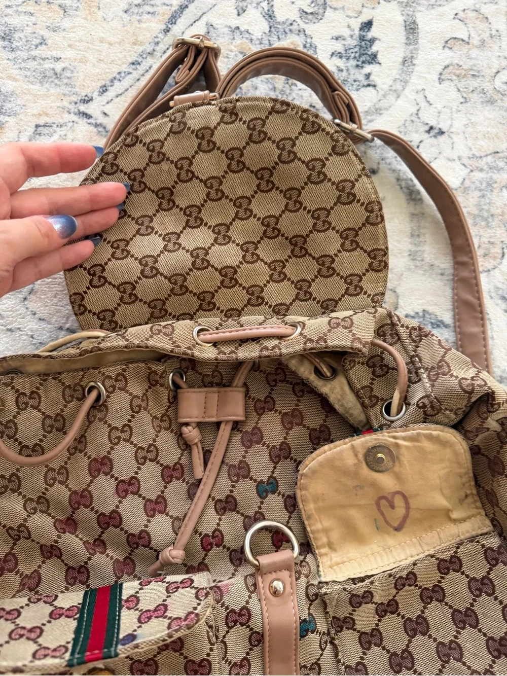 Designer-Style Brown Canvas Backpack with Green-Red Stripe